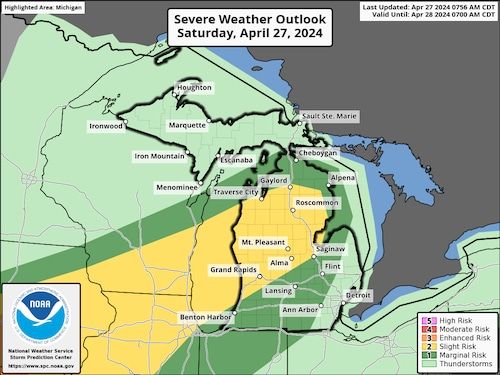 Severe weather area shows where, when damaging t-storms, isolated tornado may develop in Michigan today