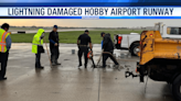 Lightning takes a divot out of the runway at Hobby Airport, causing temporary closure