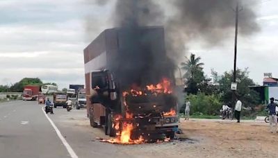 Container lorry catches fire on Chennai-Bengaluru national highway, no casualties reported
