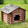 A rustic design made of wood Usually has a sloping roof and a covered porch Comes in various sizes to accommodate different breeds