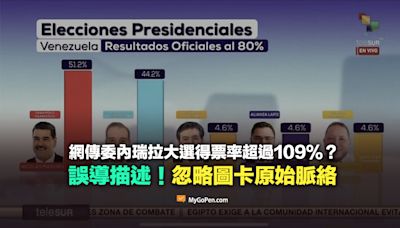 【錯誤】委內瑞拉大選得票率超過109%？誤導描述！忽略圖卡原始脈絡