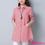 小櫻桃Cherry格子襯衫女長袖中長款韓版寬鬆休閒大尺碼襯衫