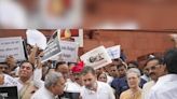 INDIA bloc MPs protest in Parliament for discrimination in Union Budget