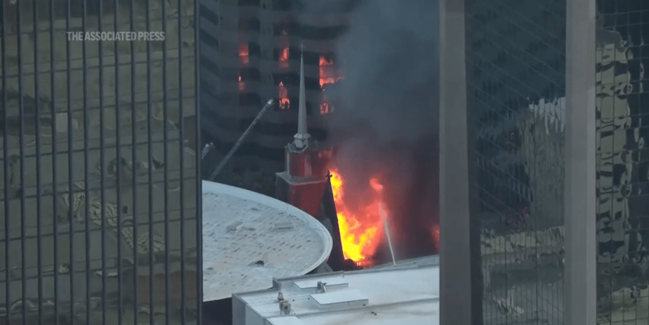 A fire severely damages the historic First Baptist Dallas church sanctuary