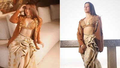 For Aranmanai 4 Promotions, Tamannaah Bhatia's Candy Bralette, Blazer And And Veshti Skirt Make A Sweet Trio