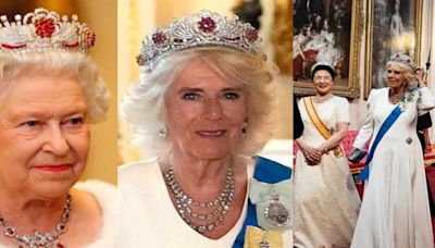 Queen Camilla dazzles in ruby tiara at State Banquet