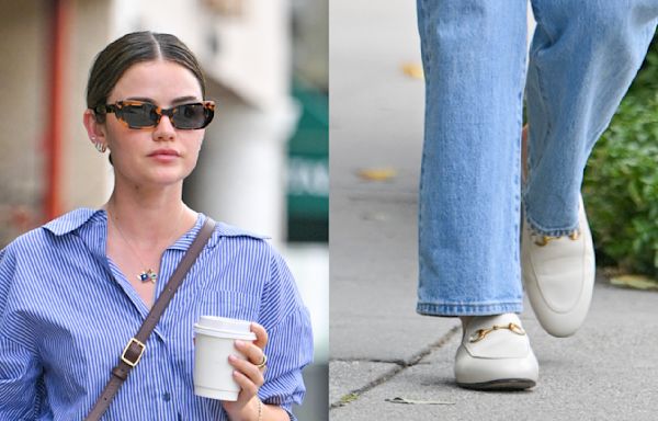 Lucy Hale Slips Into Pretty Little White Gucci Mule Shoes