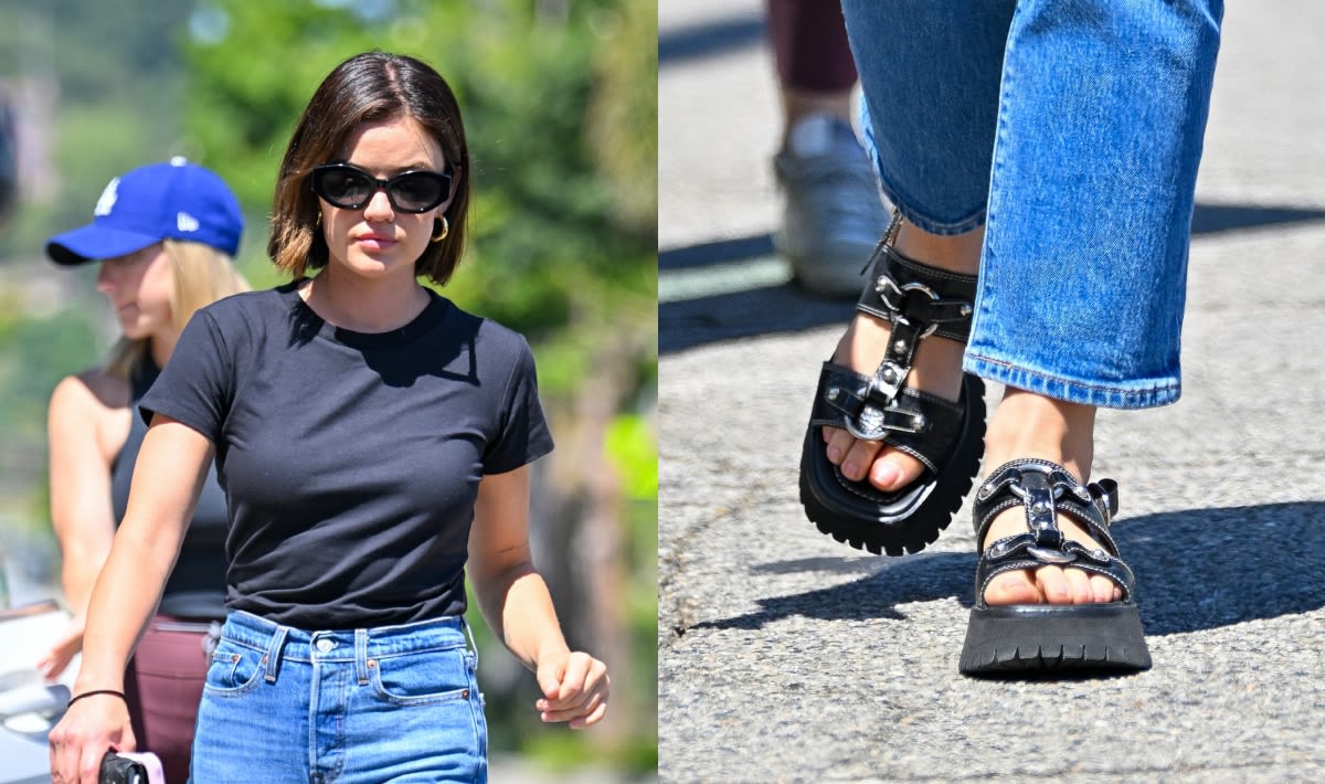 Lucy Hale Mixes Comfort with Style in Grungy Platform Sandals in Los Angeles