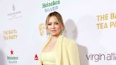 Kate Hudson Dressed for Spring in a Sequined Yellow Bra Top and High-Slit Pencil Skirt