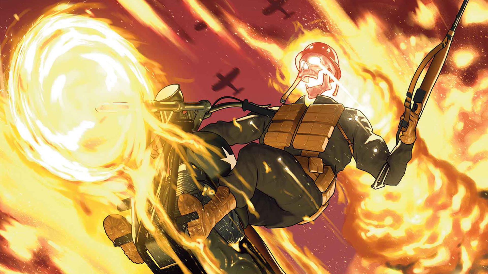 The Ghost Rider of WWII teams up with Wolverine, Nick Fury, Bucky Barnes, and more to take on demonic Nazis in Hellhunters