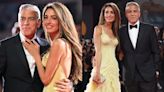 Amal Clooney Brings Butter Yellow to the Venice Film Festival 2024 Red Carpet in Atelier Versace with George Clooney at ‘Wolfs’ Premiere