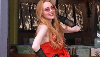 Lindsay Lohan poses in red ballgown on set of upcoming Freaky Friday sequel