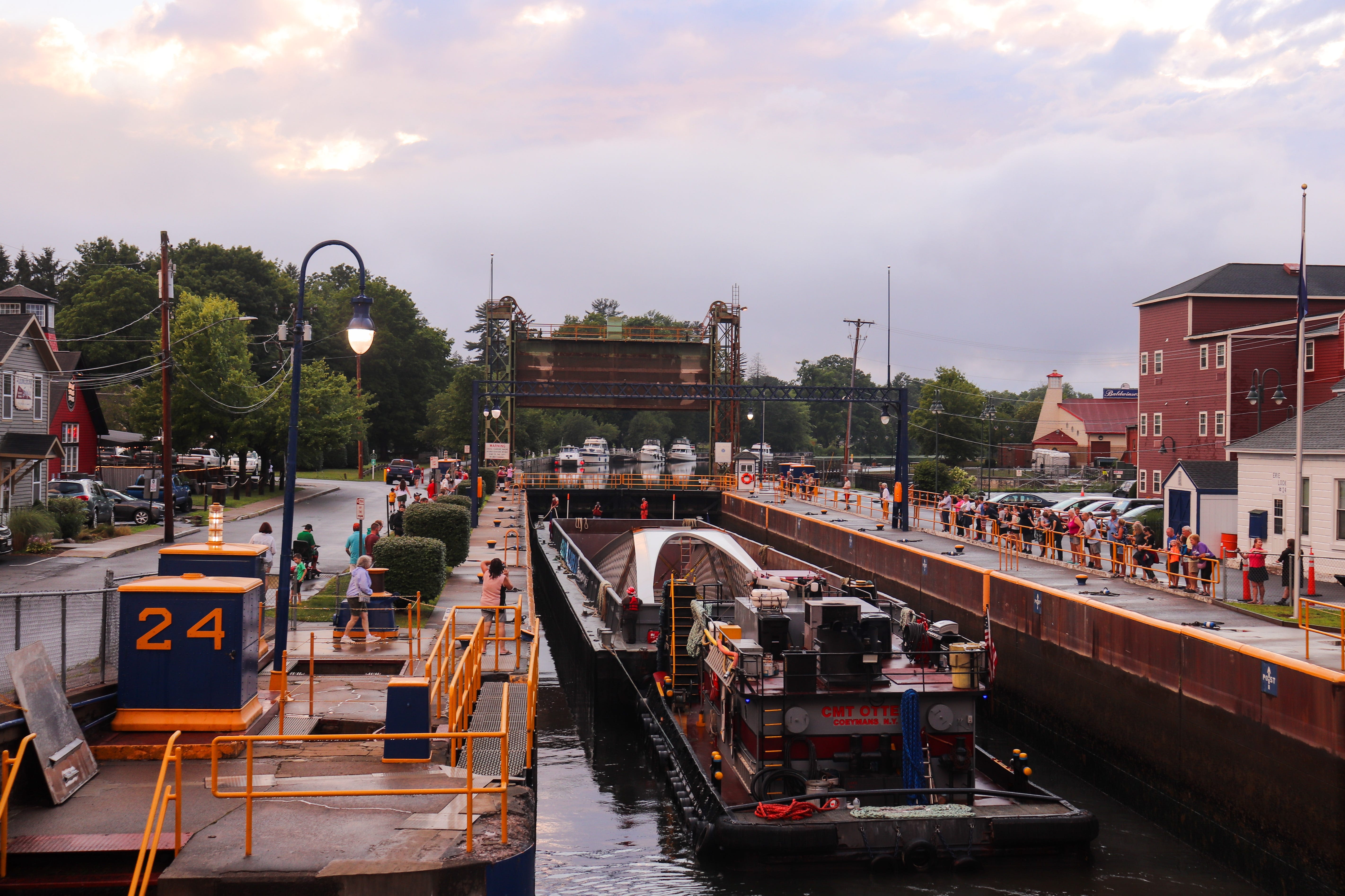 Ralph Wilson Park Bridge, quite big cargo, moves slowly along the Erie Canal