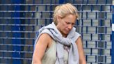 Injured Sophie Raworth pictured wheeling her fractured ankle around