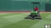 Why does the grass at Nationals Park appear in multiple shades of green?