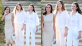 Queen Letizia of Spain Coordinates in Mango Dress With Daughters Princess Leonor and Princess Sofía for Girona Awards in Barcelona