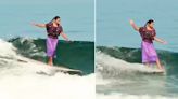 Surfista mexicana sorprende al desafiar a las olas con huipil puesto