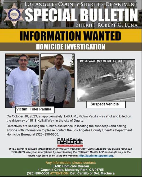 Los Angeles County Sheriff’s Department Investigators Seeking the Public’s Assistance with Homicide Investigation in Duarte