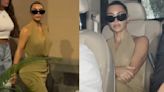 Kardashian sisters’ Mumbai airport looks: Kim wears a nude bodycon maxi dress and Khloe picks classic blue jeans