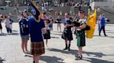 Scotland fans play bagpipes outside Cologne Cathedral ahead of crunch Euro 2024 match