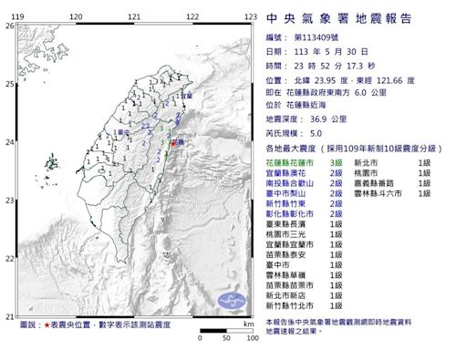 花蓮近海23:52規模5.0地震 最大震度3級