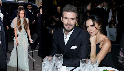 Victoria Beckham arrives at 50th birthday celebration on crutches, carried out by husband David Beckham