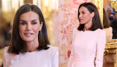 Queen Letizia of Spain Goes for Sharp Shoulders in Pink Midi Dress With Floral Appliqués for Palace Luncheon