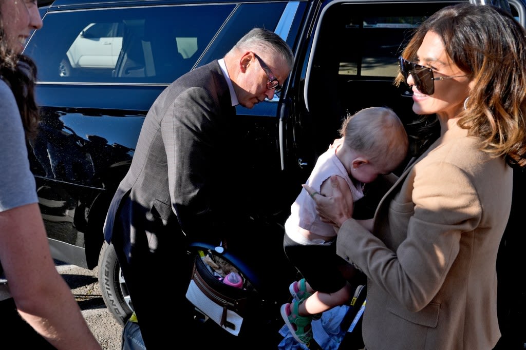 Alec and Hilaria Baldwin arrive at court with baby before jury selection begins in trial