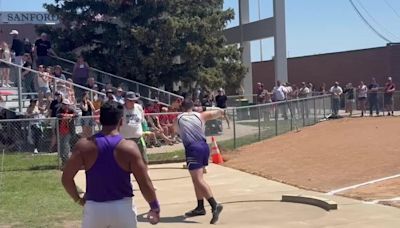 Lincoln Koehn of Kadoka Area competes in Class B Boys Shot Put at the 2024 South Dakota State Track Meet in Sioux Falls