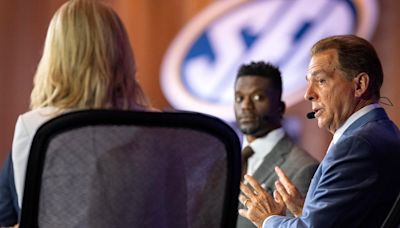 Nick Saban is back at SEC Media Days, six months after retiring and asking the questions now