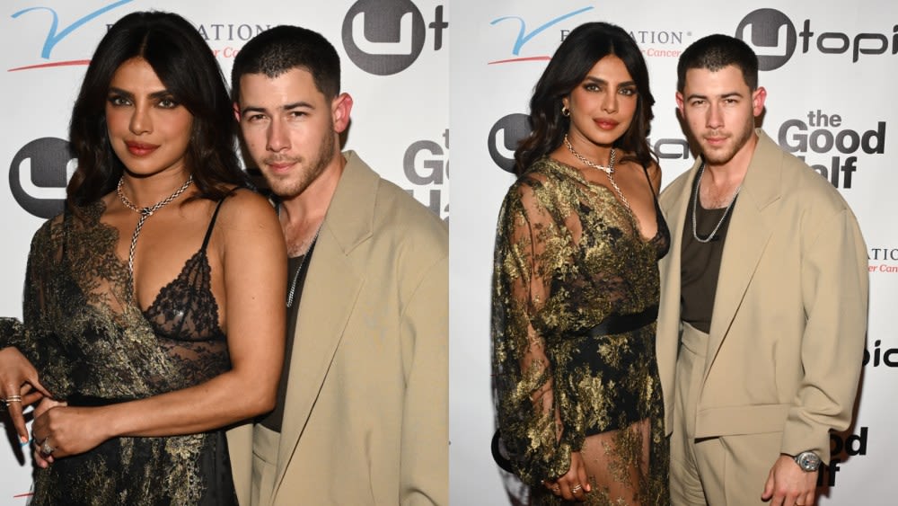 Priyanka Chopra Goes Sheer in Metallic Lace One-shoulder Dress With Nick Jonas at ‘The Good Half’ Premiere