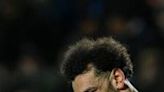 Liverpool's Mohamed Salah reacts during the Europa League quarter-final at Atalanta