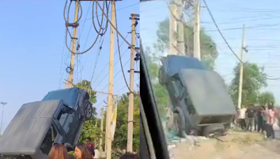 Video: Thar SUV Climbs Up Electric Pole After Collision With Sedan In Gurugram