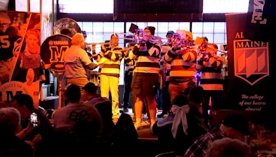 University of Maine marching band plays at pep rally ahead of NCAA tournament hockey game