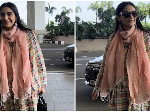 Sonam Kapoor in checkered dress with blazer is airport fashion done right