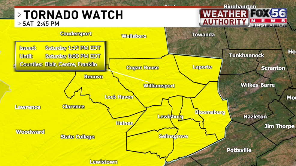 Tornado Watch issued for Central PA until 8 PM Saturday