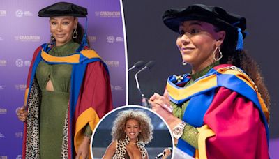 Mel B channels her Spice Girls style in a leopard-print graduation gown while receiving an honorary doctorate