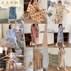 睡衣連衣裙女夏季韓版學生家居擺設可愛薄款短袖卡通寬鬆孕婦睡衣夏季-豆豆服飾