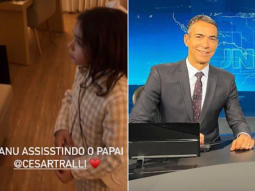 Filha de 4 anos de Cesar Tralli reage ao ver o pai no 'Jornal Nacional'; assista