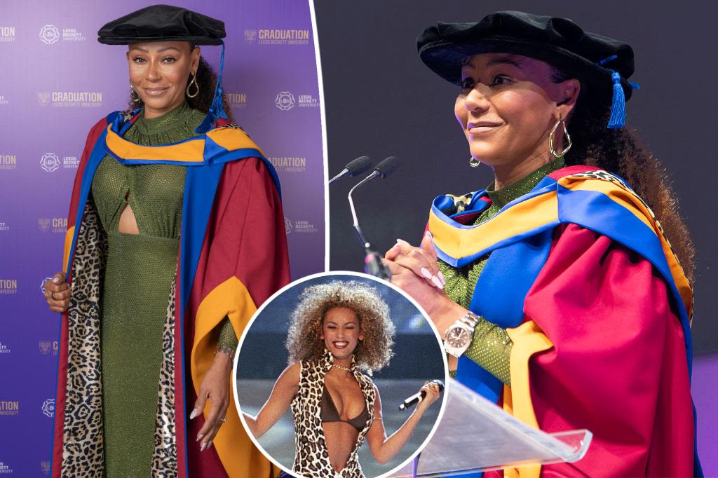 Mel B channels her Spice Girls style in a leopard-print graduation gown while receiving an honorary doctorate