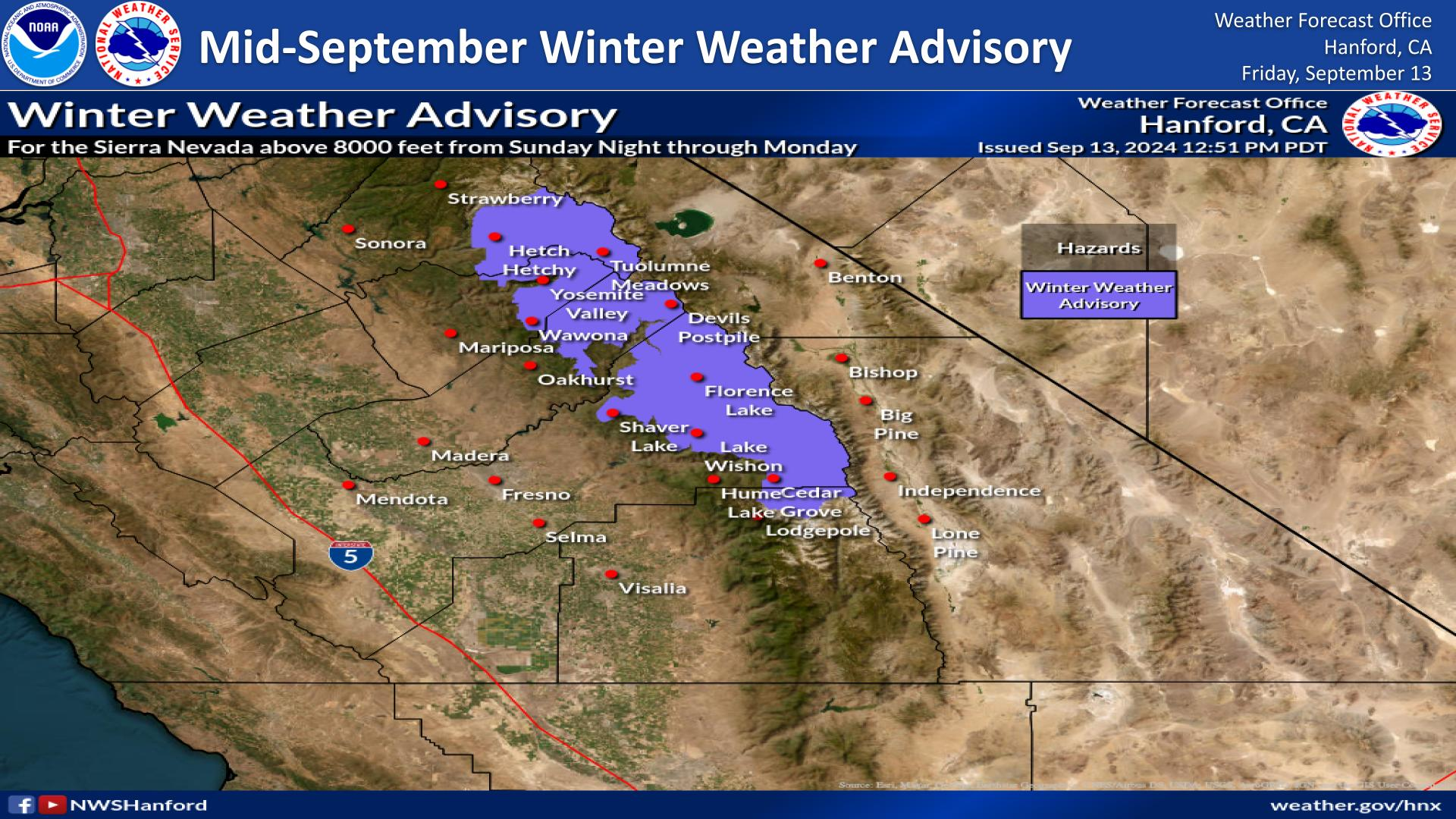 California snow advisory for Sierra Nevada is earliest in 20 years