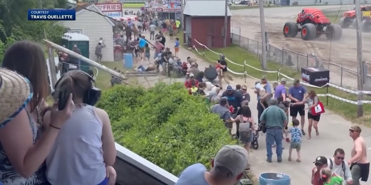 Monster truck clips power line, toppling live wires and utility poles onto spectators