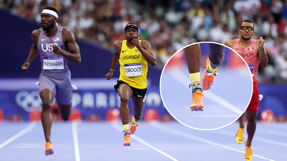 U.S.-based Ugandan sprinter rocks SpongeBob and the Minions socks at Paris Olympics