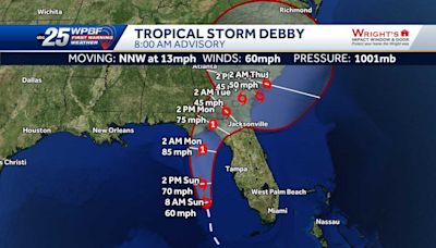 Debby strengthening over southeastern Gulf of Mexico, expected to make landfall as a hurricane in Florida