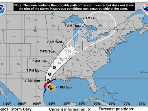 Tropical Storm Beryl is on a path to hit the Texas coast as a hurricane Monday