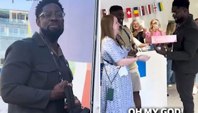 Moment Micah Richards is lost for words as BBC staff sing happy birthday to him