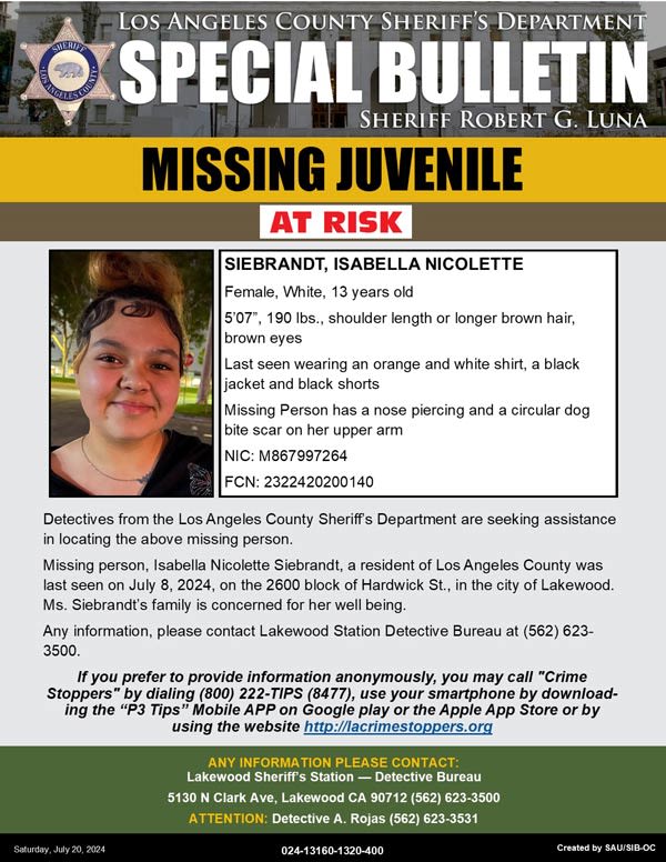 Los Angeles County Sheriff Seeks Public's Help Locating At-Risk Missing 13-Year-Old Isabella Nicolette Siebrandt...