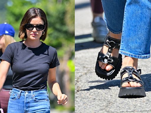 Lucy Hale Mixes Comfort with Style in Grungy Platform Sandals in Los Angeles