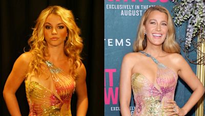 Britney Spears Poses In "Updated" Version of 2002 Versace Gown Recently Worn by Blake Lively