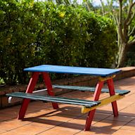 Smaller size for children Made of wood or plastic Seats and table attached Ideal for outdoor play and activities